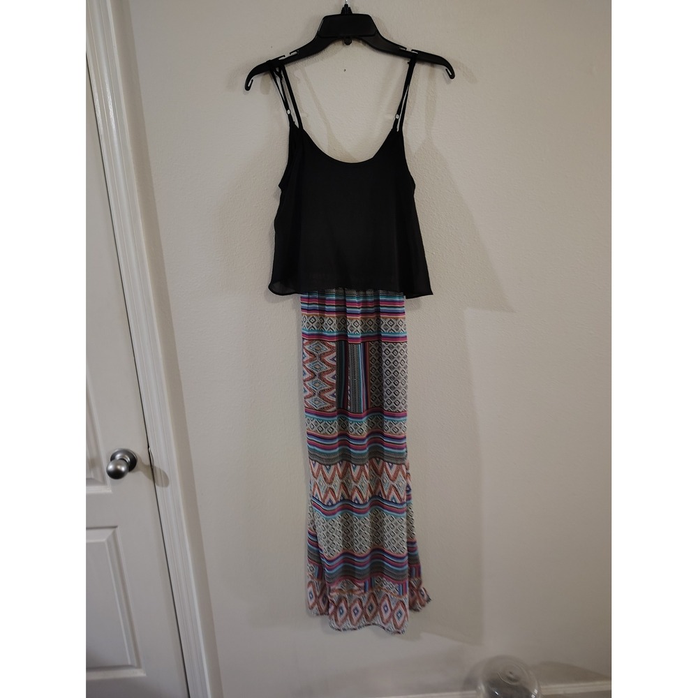 Heartsoul Womens XS Black Popover Maxi Dress Geometric Tribal Print Summer Boho